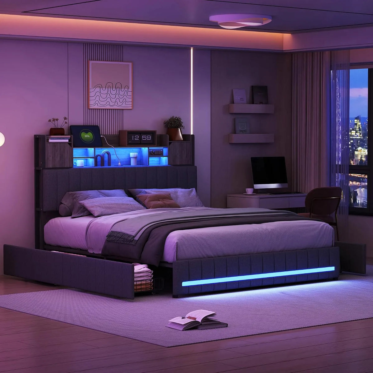 Lit Coffre 140x190 avec Sommier LED et USB — en bois, avec tiroirs, avec port USB, affichage LED, 4 tiroirs, 140 × 190, gris