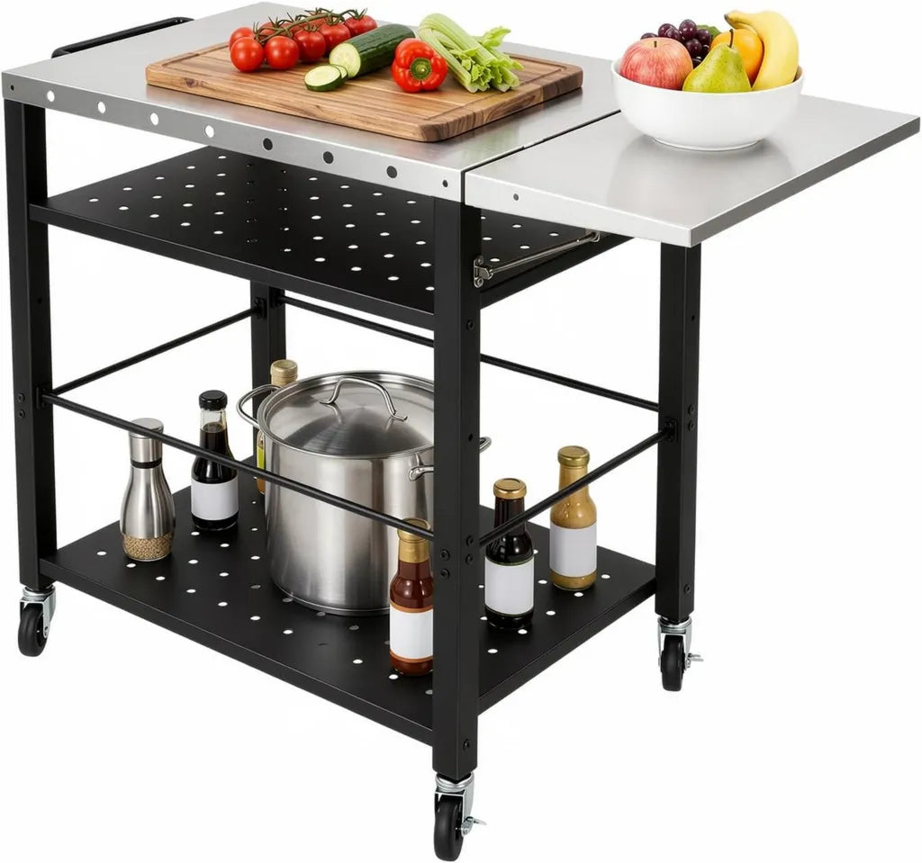 Chariot de barbecue extérieur, table mobile en acier inoxydable, 4 roues, 4 niveaux, 80 x 50 x 79,3 cm