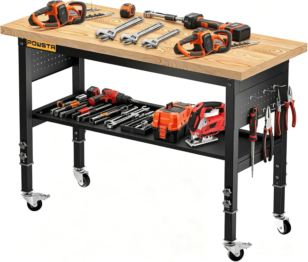 Établi d'atelier et table de travail: avec panneau perforé, en bois, réglable, usage professionnel, 120 cm, 900 Kg, pour l'atelier et le bricolage