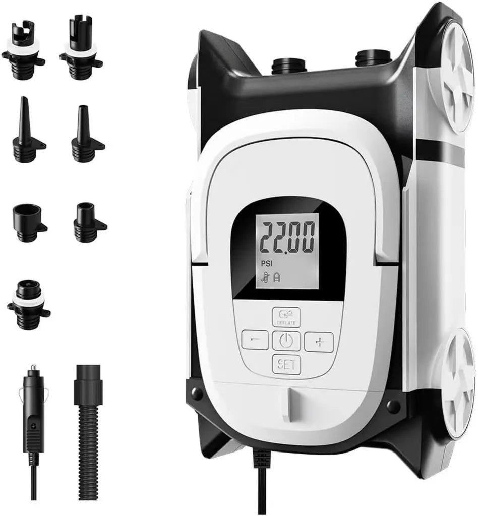 Pompe Électrique 12V pour Paddleboards Gonflables - 22 PSI, Double Étage, Arrêt Automatique