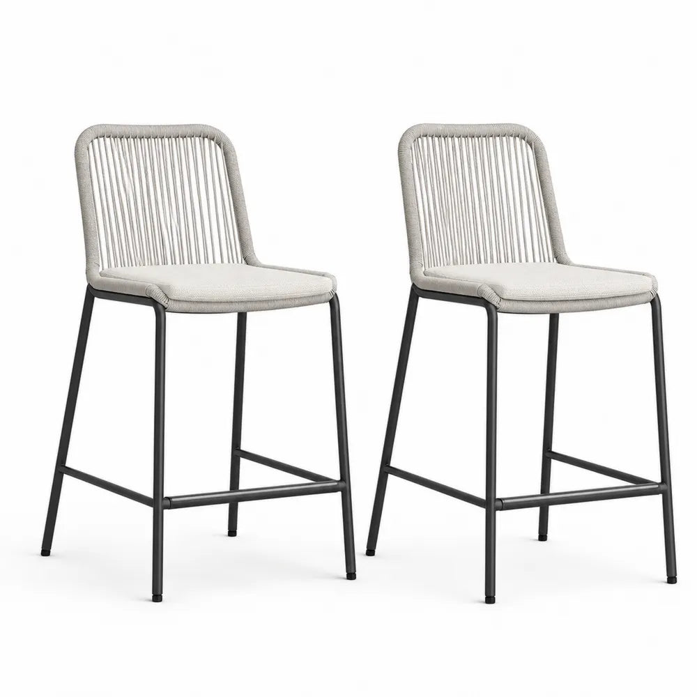 Ensemble de 2 tabourets de bar en métal et corde polyester gris