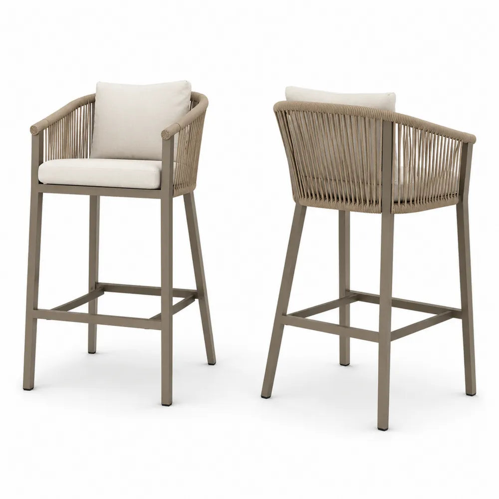 Ensemble de 2 tabourets de bar extérieur en aluminium et corde beige