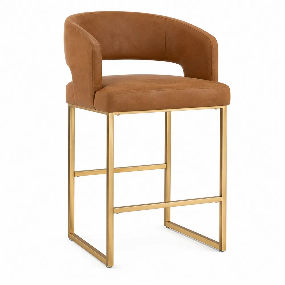 Tabouret de bar en cuir synthétique marron avec structure métallique dorée 105cm