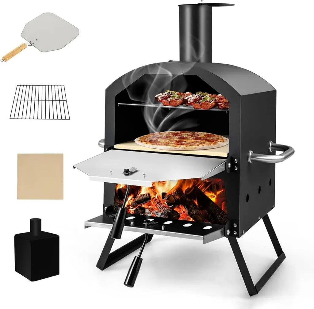 Four à pizza portatif au feu de bois 30,5 cm avec pierre et grille, idéal pour camping et barbecue