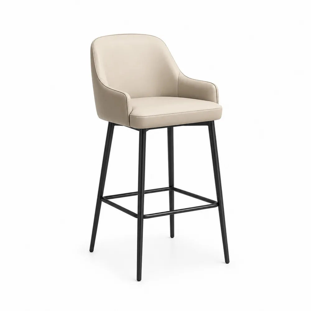 Tabouret de bar en cuir synthétique beige avec dossier en métal noir