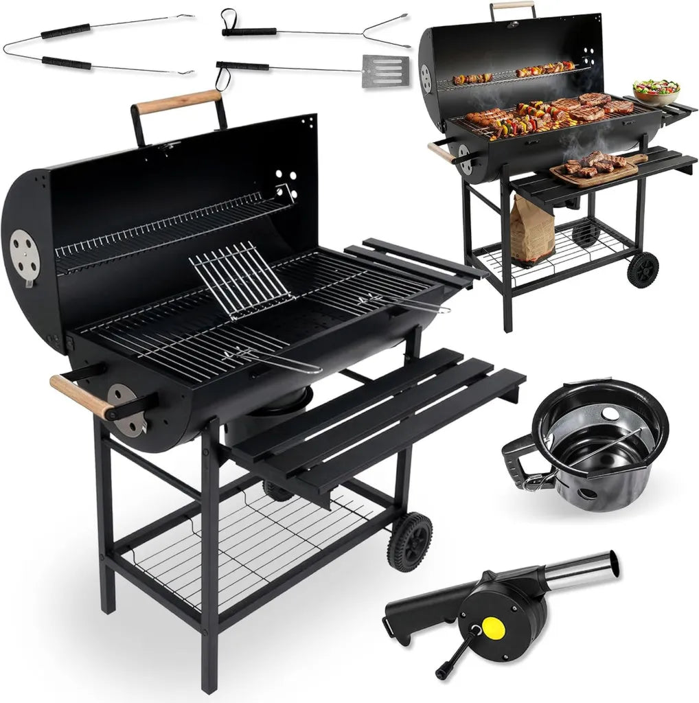 Barbecue à Charbon avec Couvercle et Thermomètre - Grande Grille 71x35 cm, Tiroir à Cendres, Roues de Transport, Modèle XXL