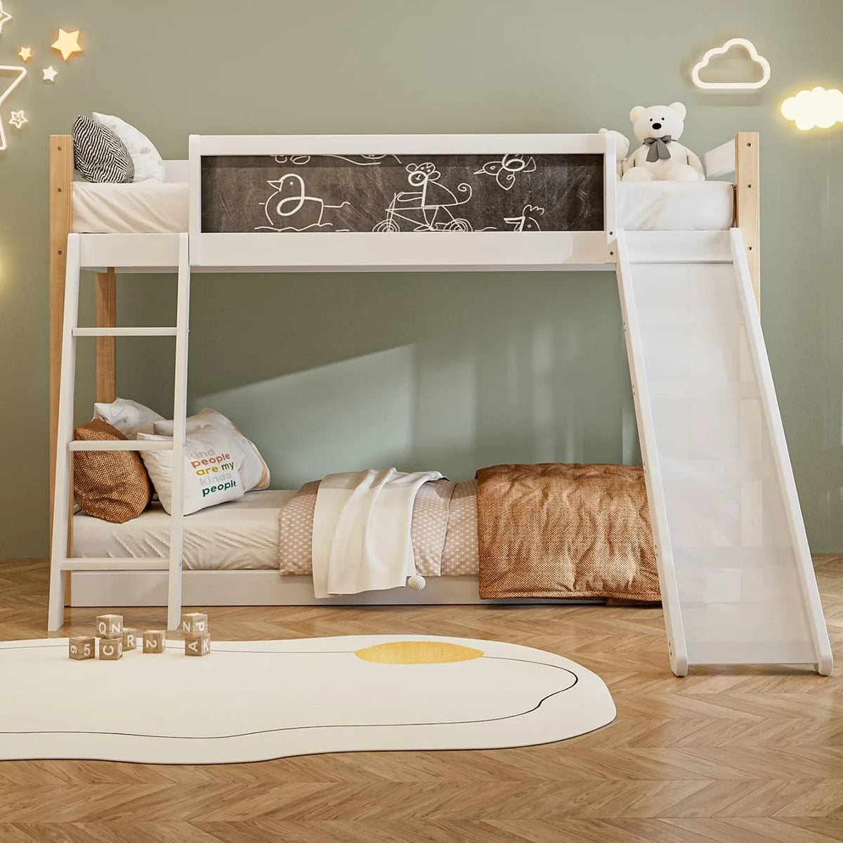 Lit superposé et lit mezzanine – pour enfant, avec toboggan, 2 Places, 90 × 200, 190cm, blanc