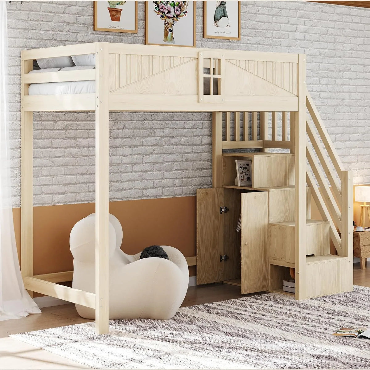 Merax Lit mezzanine en bois massif 90x200 cm: pour enfant, angle gauche, angle droit, 90 × 200 cm, revêtement en tissu
