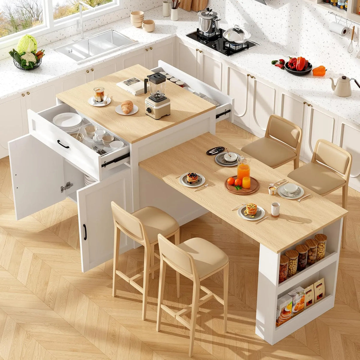 Table de bar extensible avec espace de rangement 133-202 ×: avec rangement, avec tiroirs, avec Bibliothèque et étagère de rangements, 2 tiroirs