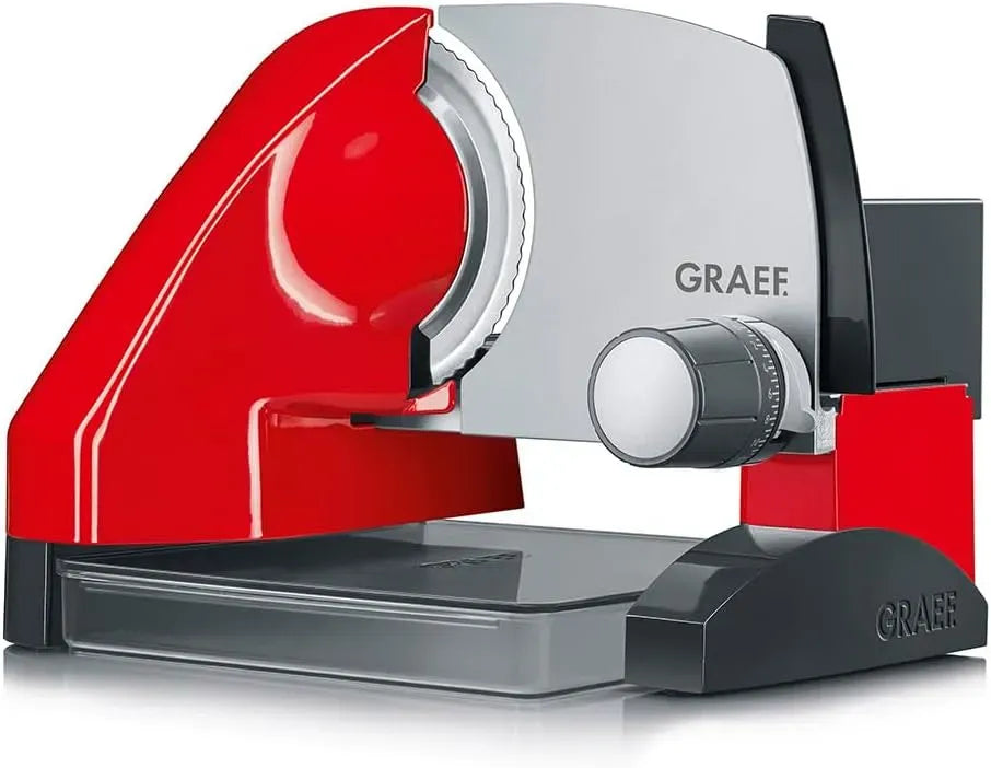GRAEF SKS500 boîtier métal, Trancheuse rouge compacte, lame inox Ø170 mm, réglage continu de coupe, construction surélevée