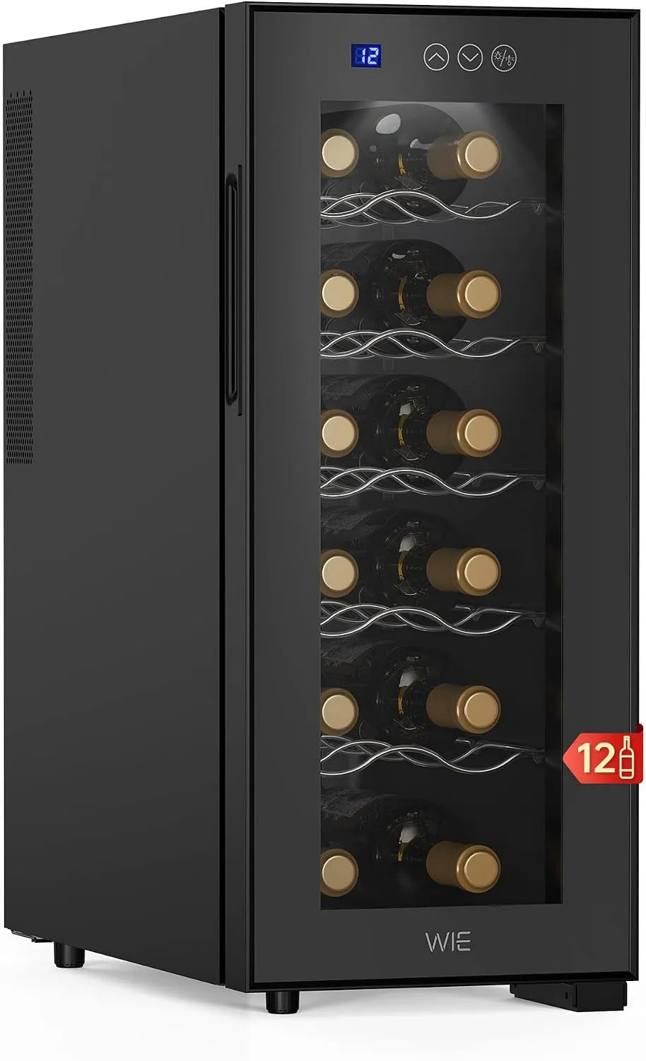 Cave à vin électrique, 33 L, 12 bouteilles, 8 à 18 °C, 26 dB, éclairage LED, verre, tactile, 33L Réfrigérateur Porte Miroir 5-Étagères Support