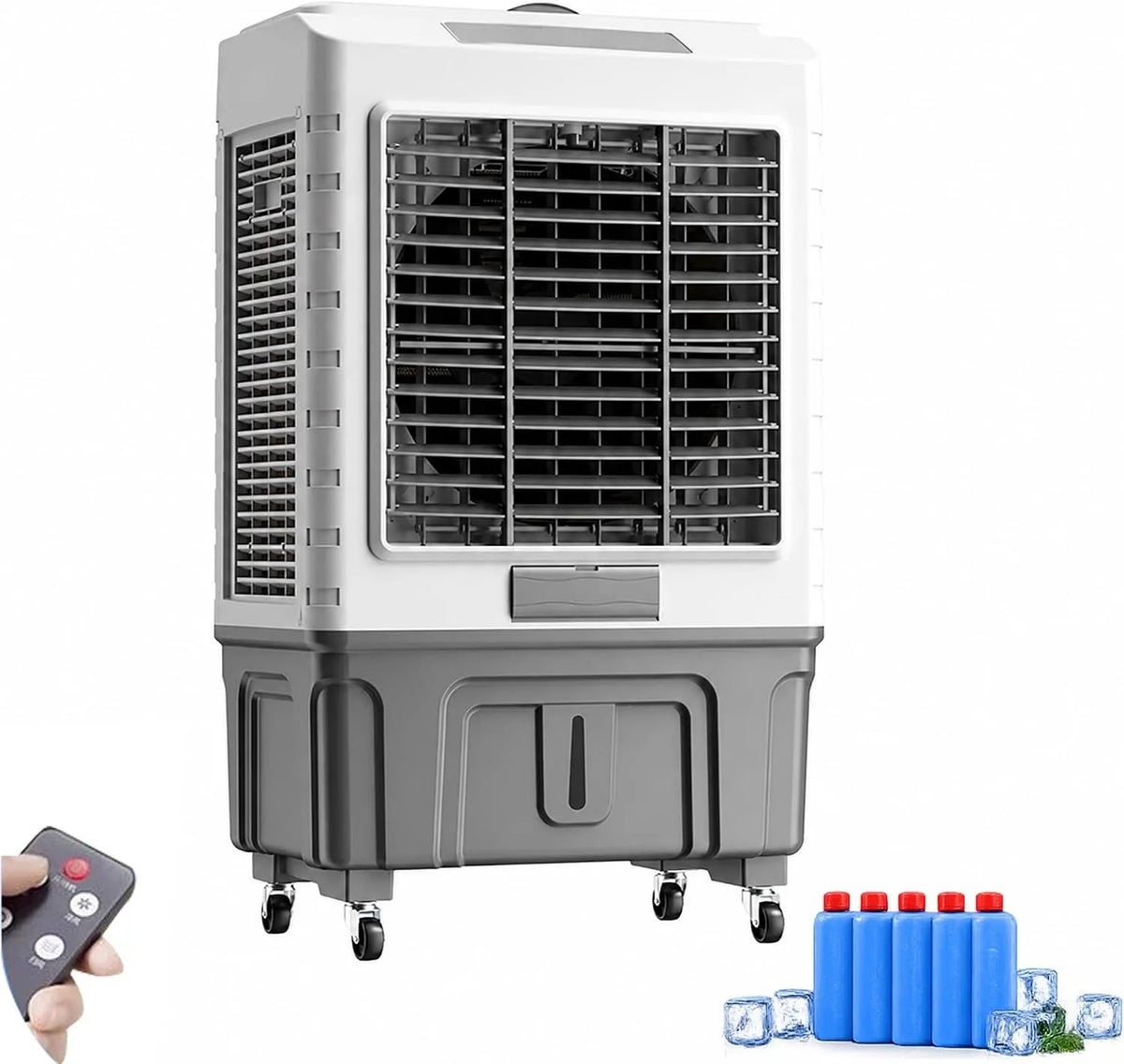 Climatiseur 40L-80L, 88 × 50 × 37cm, 40 L, minuteur, industriel, 3 vitesses, oscillation, grand réservoir, 6 Packs de Glace, Minuterie 7, Télécommande