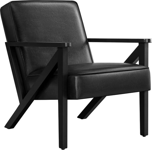 Fauteuil et chaise rembourrée d'appoint – en cuir PU, en bois, avec accoudoirs, noir