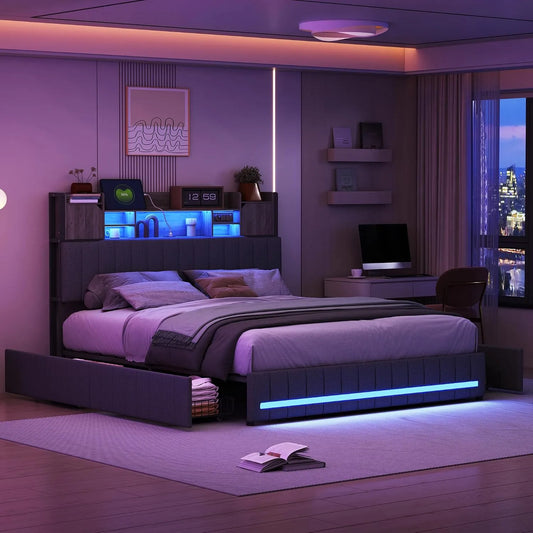 Lit Coffre 140x190 avec Sommier LED et USB — en bois, avec tiroirs, avec port USB, affichage LED, 4 tiroirs, 140 × 190, gris