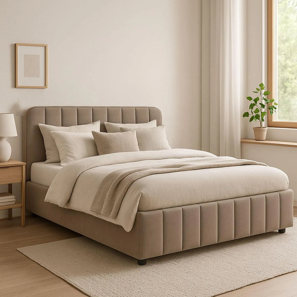 Lit rembourré et cadre de lit tapissé: 140 × 190, beige, revêtement en velours