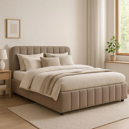 Lit rembourré et cadre de lit tapissé: 140 × 190, beige, revêtement en velours