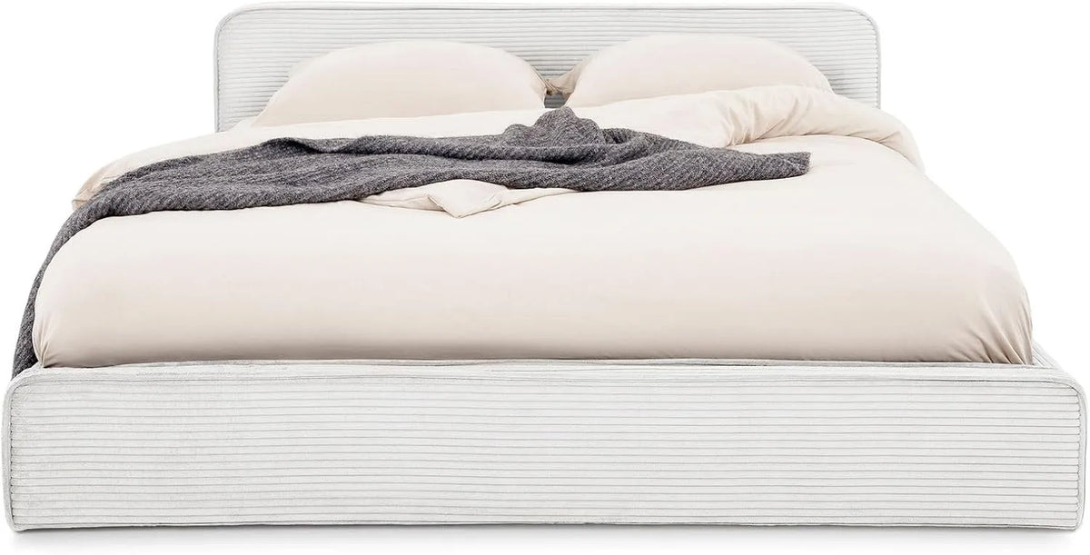 Lit Double CURSIO 140x190 cm – en velours côtelé, revêtement en tissu, en bois, 140 × 190 cm, blanc