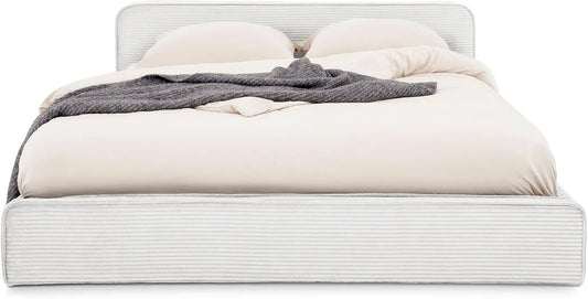 Lit Double CURSIO 140x190 cm – en velours côtelé, revêtement en tissu, en bois, 140 × 190 cm, blanc