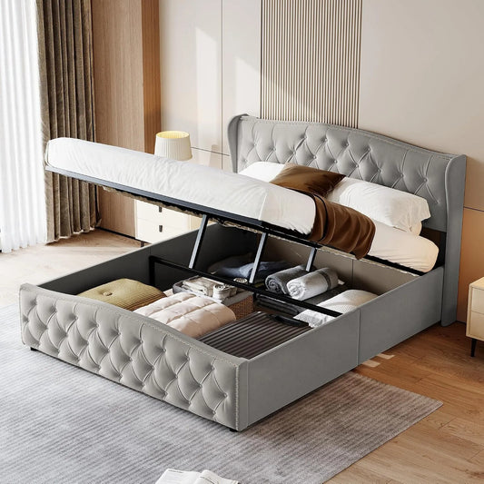 Lit Coffre 160x200 cm: avec rangement, 160 × 200 cm, gris, avec rangement intégré, revêtement en velours