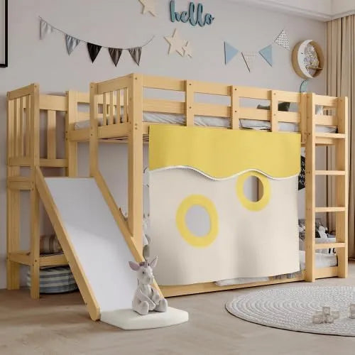Lit superposé et lit mezzanine — MDF, pour enfant, en bois, avec escalier, avec toboggan, 90 × 200 cm