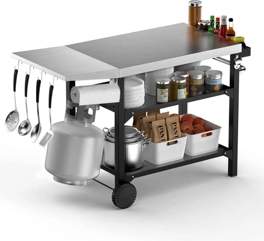 Chariot de Cuisine Extérieur à Roulettes pour Barbecue et Plancha, Acier à 3 Niveaux, Table d'Ombord Incluse, 120 x 53 x 81 cm