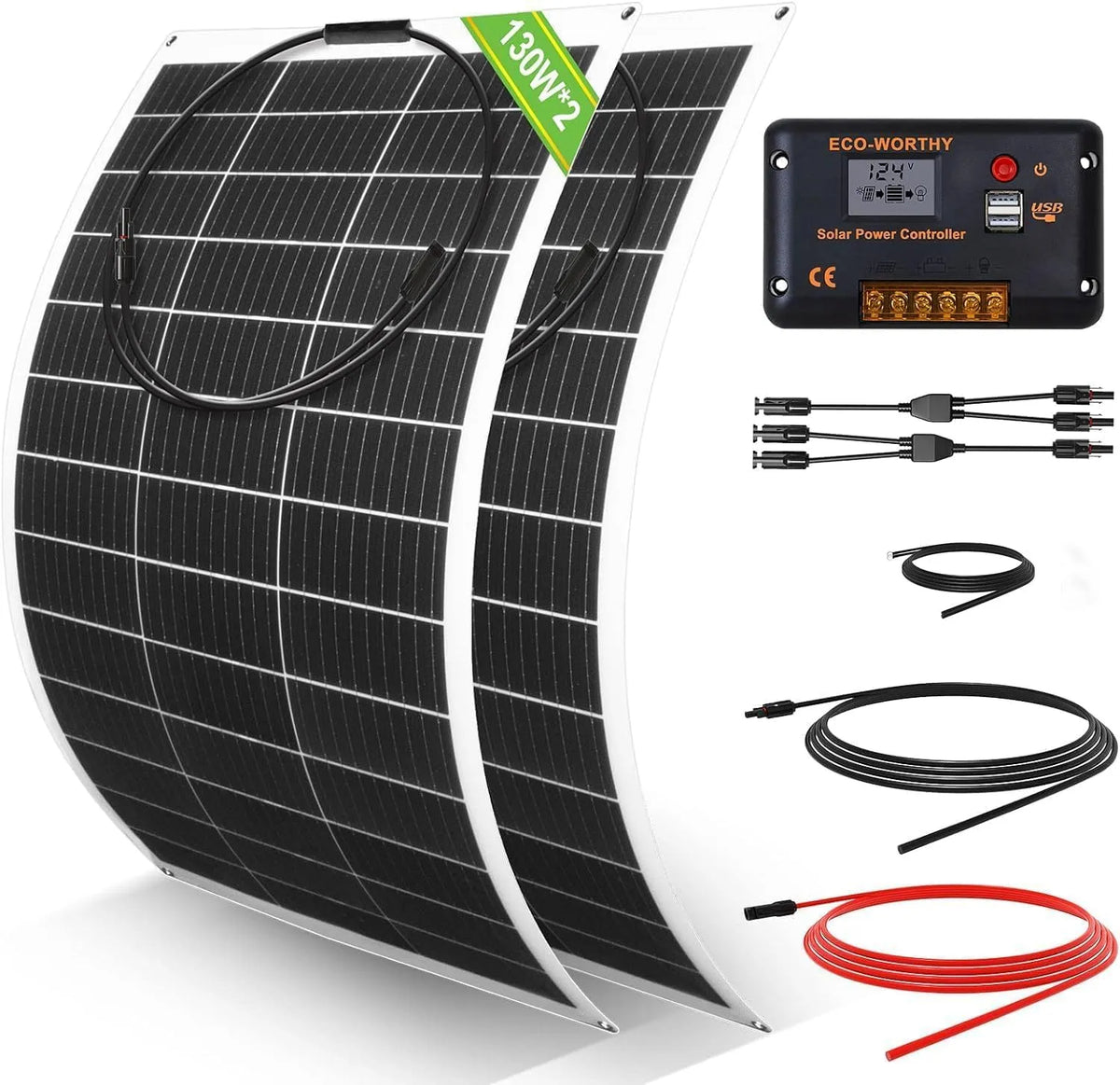 ECO-WORTHY Panneau solaire et module photovoltaïque, 260W, flexible, 130 W, 12V, 30 A, pour camping et camping-car