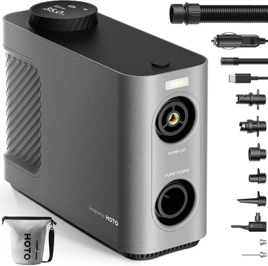 HOTO Gonfleur Portable Électrique, Pompe à Air Sans Fil pour Véhicules et Vélos, 9 Modes, Double Alimentation pour Matelas, Kayaks, Tentes et SUP