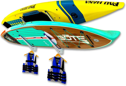 Support mural réglable pour paddleboards en bois - Rangement à 2 niveaux