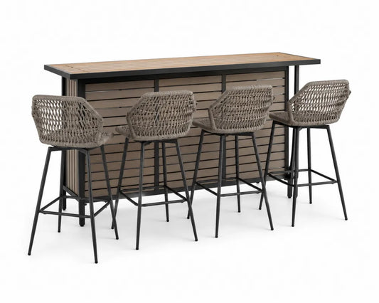 Ensemble de bar extérieur en bois avec 4 tabourets en osier