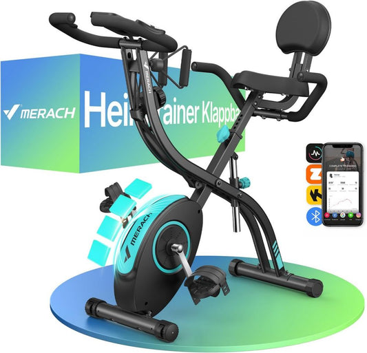 Vélo d'Appartement Silencieux MERACH 4 en 1 Pliable, Résistance Magnétique 16 Niveaux, Application d'Entraînement, Écran LCD, Capteur de Pouls et Bande de Résistance