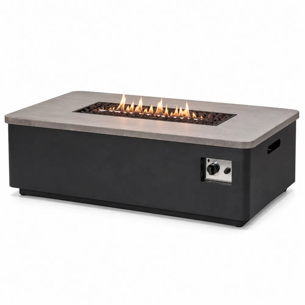Table de feu en métal noir avec plateau en pierre composite grise