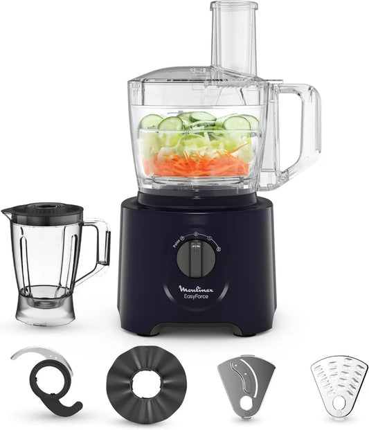 Robot Culinaire Moulinex Easy Force 3L, 800W, Multifonction avec Blender et Râpes, 2 Vitesses et Pulse, 25 Fonctions, 6 Accessoires, Bleu
