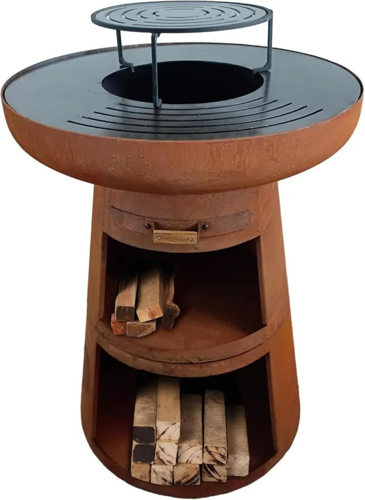 Barbecue en Acier avec Grille Inox et Fonction Feu de Camp - Diamètre 60 cm, Couvercle Étanche et Stockage Bois