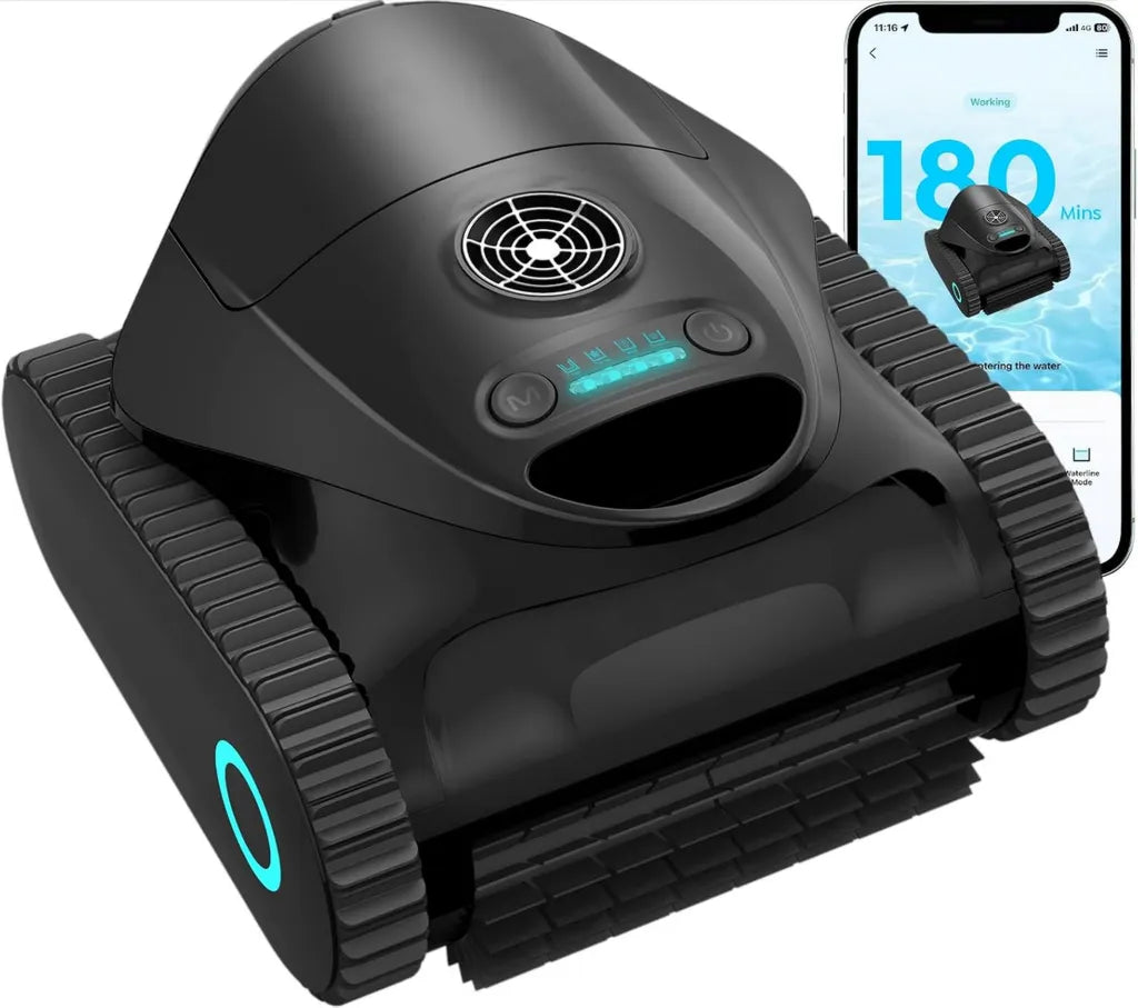 Robot de Piscine Intelligent avec Double Filtration et App, Autonomie 180 Min, Nettoyage Efficace pour Bassins jusqu'à 150 m², Noir Mat