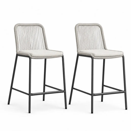 Ensemble de 2 tabourets de bar en métal et corde polyester gris