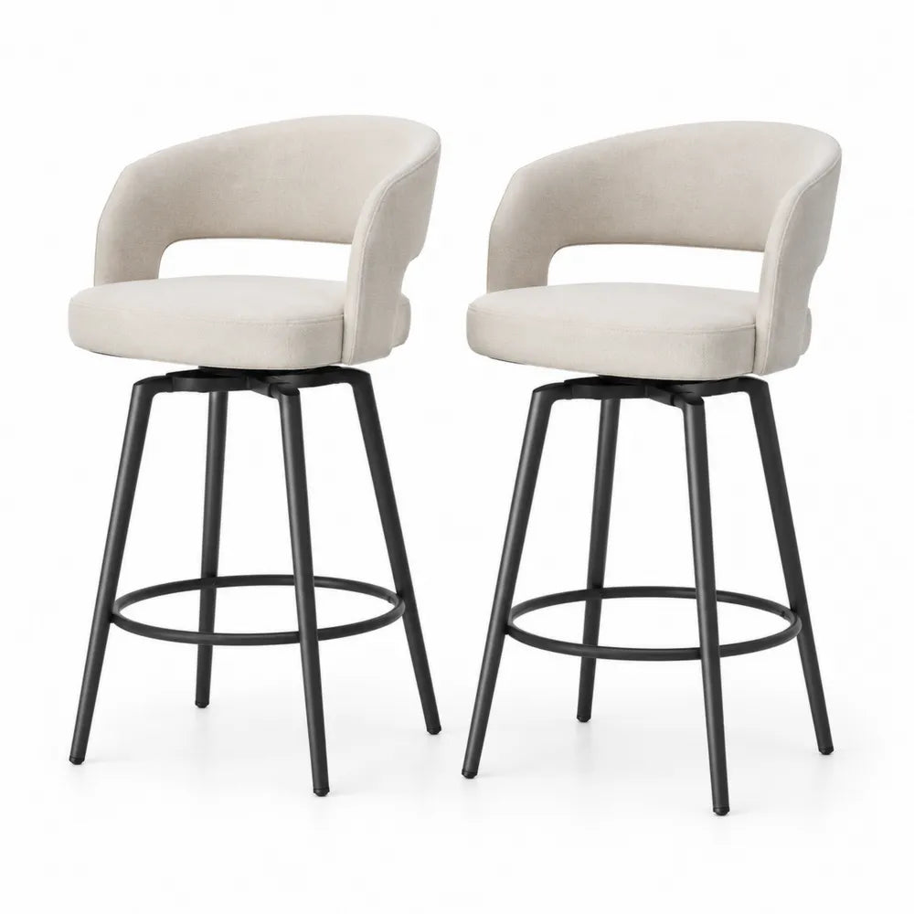 Tabourets de bar pivotants en tissu beige et métal noir, lot de 2