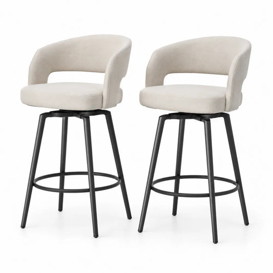 Tabourets de bar pivotants en tissu beige et métal noir, lot de 2