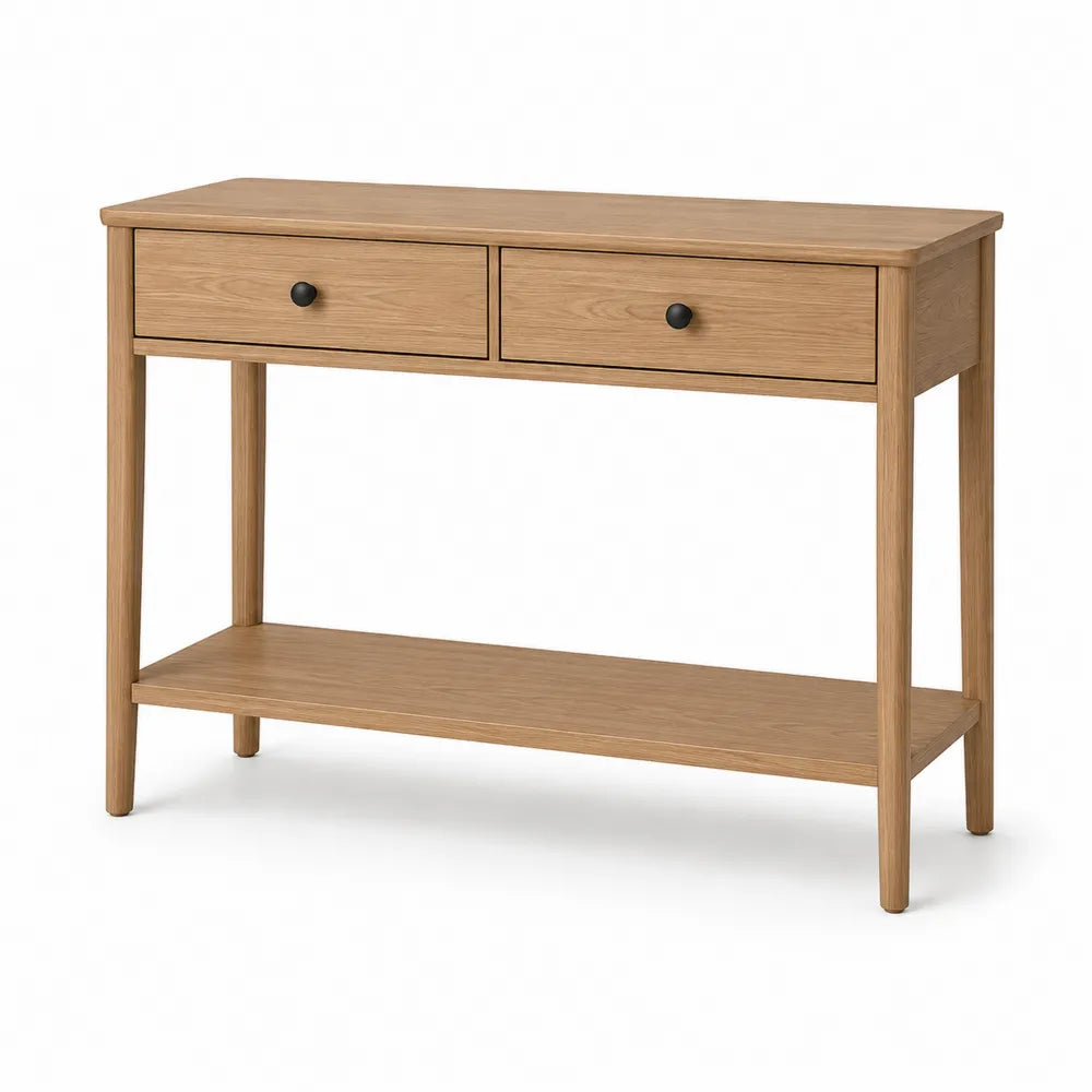 Console en bois de chêne avec 2 tiroirs et étagère
