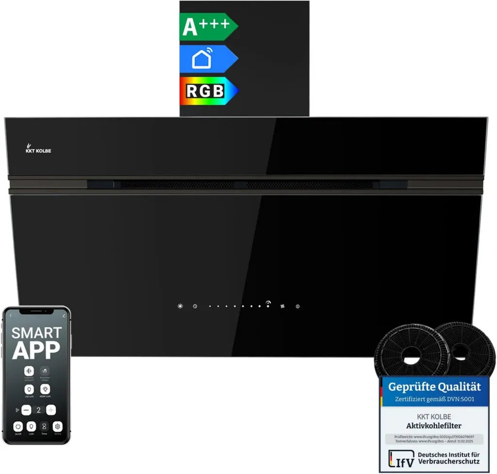Hotte Aspirante Murale 90cm 782m³/h KKT, Verre Noir, WiFi Intelligent, SensorTouch