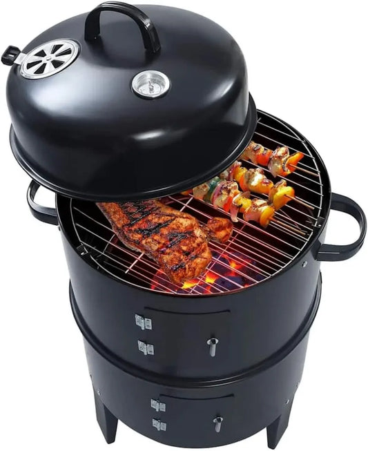 Fumoir en acier 3-en-1 avec thermomètre et bac à cendres, 40x80 cm, idéal pour jardin et balcon