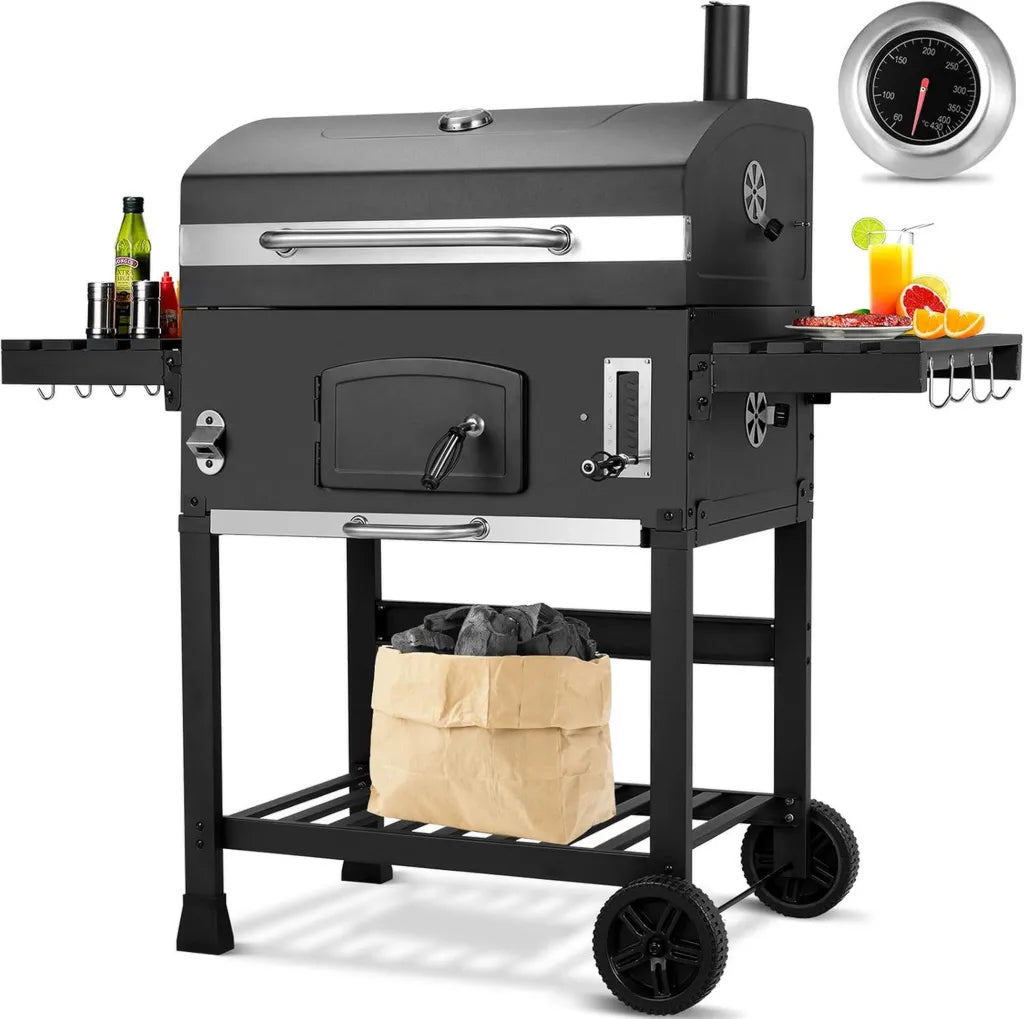 LIFERUN Barbecue à Charbon XXL avec Fumoir et Thermomètre, Parfait pour Jardin et Camping