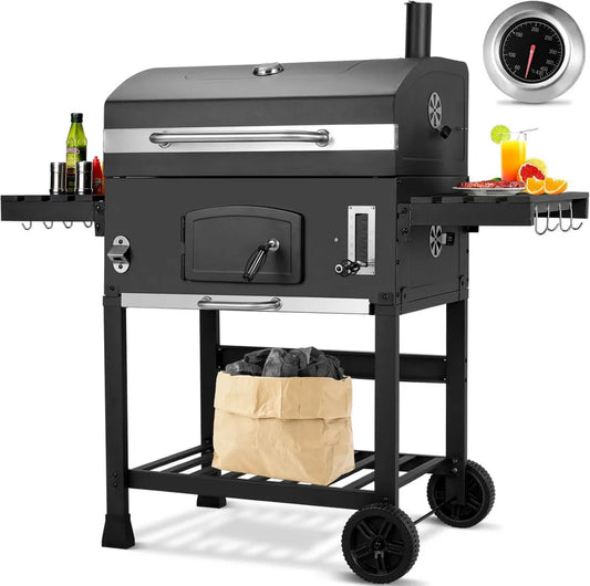 LIFERUN Barbecue à Charbon XXL avec Fumoir et Thermomètre, Parfait pour Jardin et Camping