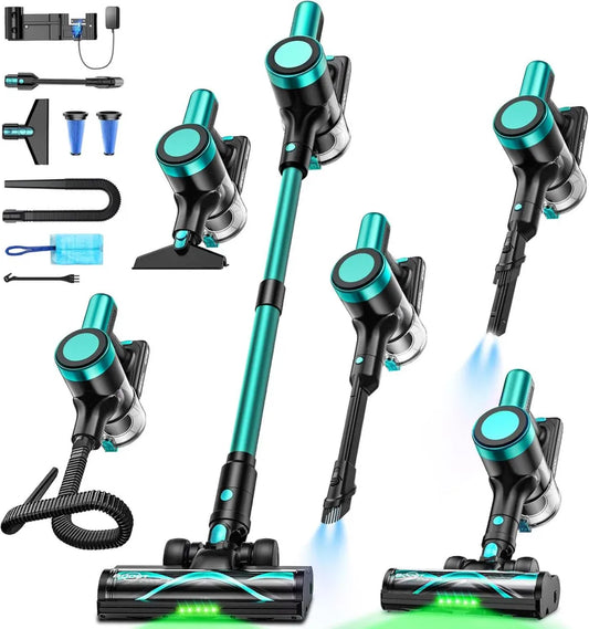 Aspirateur Balai Sans Fil 500W, 55min Autonomie, Station Murale, Écran LED, Brosse Anti-nœud, Spécial Animaux, Tapis et Sols Durs, Bleu Menthe