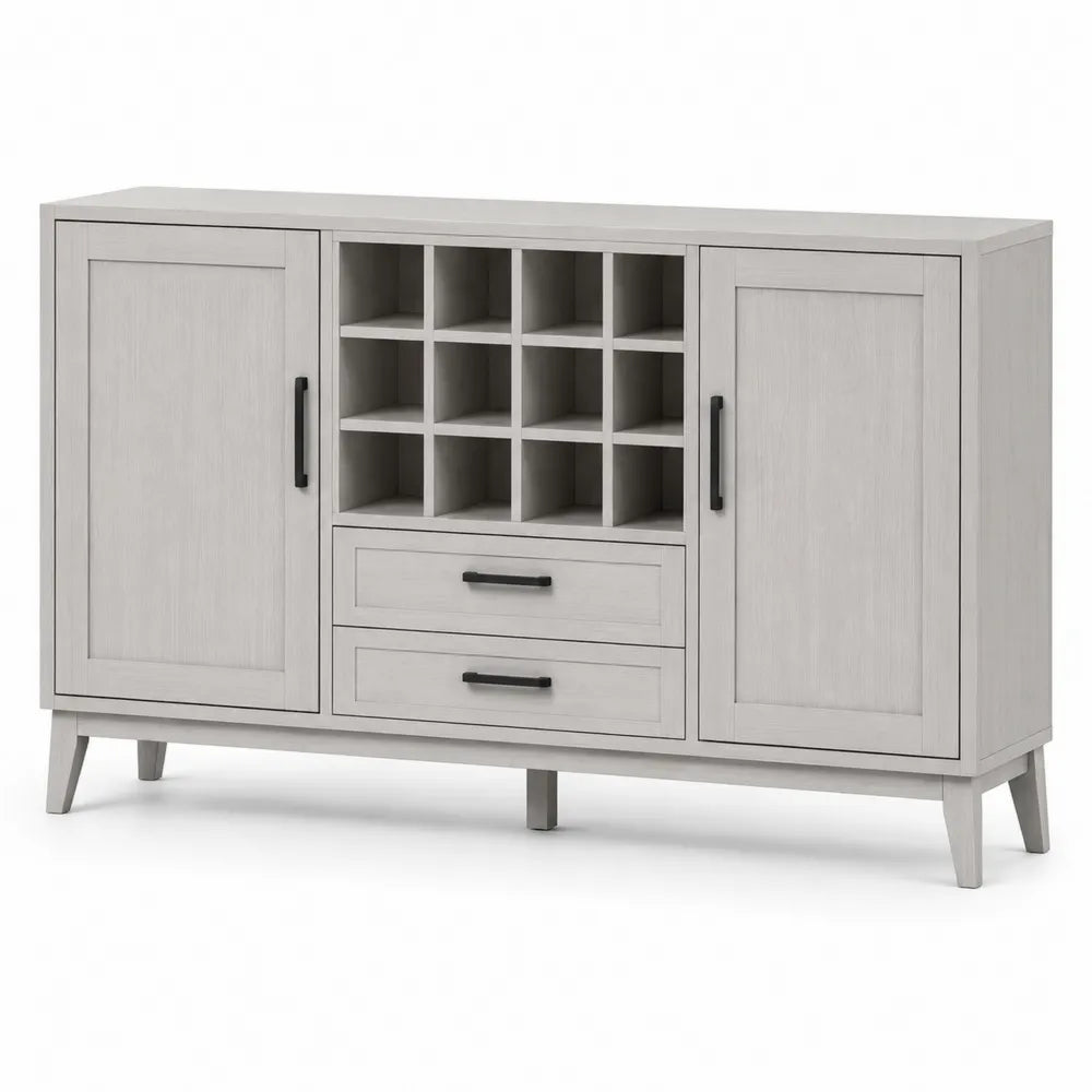 Buffet de cuisine en bois gris avec casiers à vin, 2 portes et 2 tiroirs