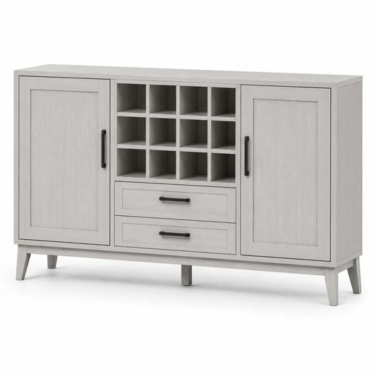 Buffet de cuisine en bois gris avec casiers à vin, 2 portes et 2 tiroirs