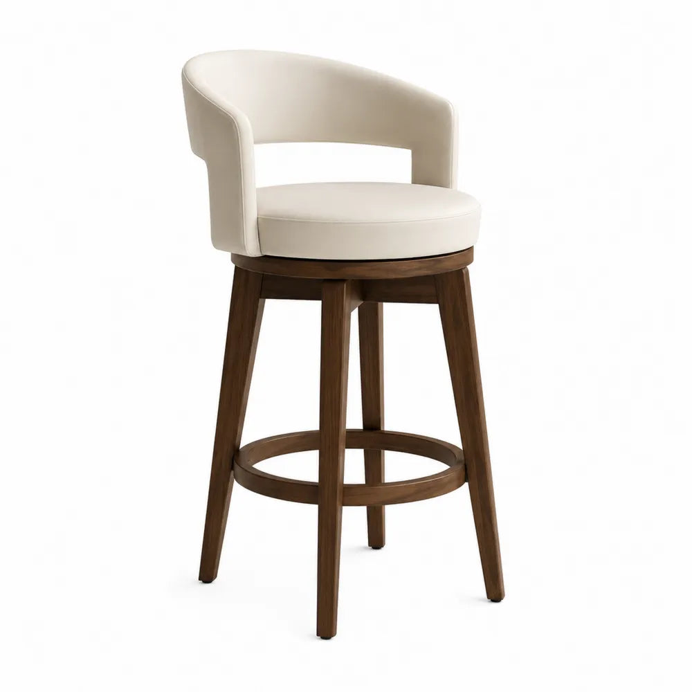 Tabouret de bar pivotant en bois et similicuir blanc hauteur 80 cm
