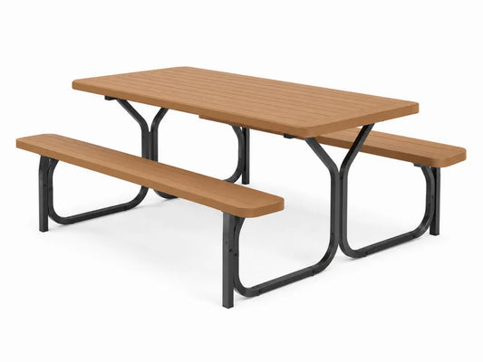 Table de pique-nique extérieure bois et acier avec bancs intégrés