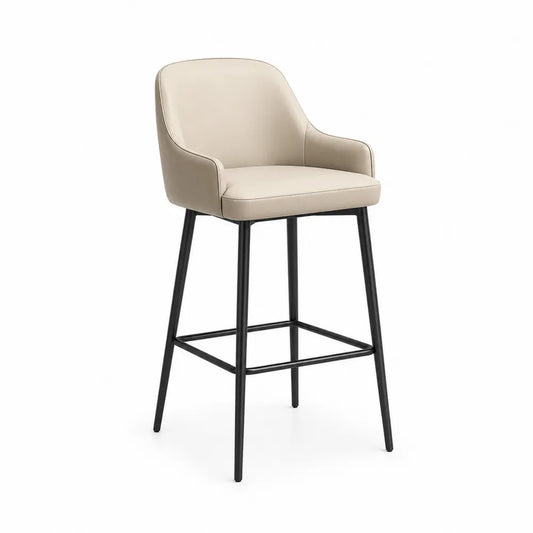 Tabouret de bar en cuir synthétique beige avec dossier en métal noir