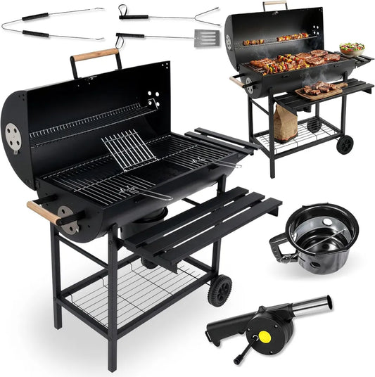 Barbecue à Charbon avec Couvercle et Thermomètre - Grande Grille 71x35 cm, Tiroir à Cendres, Roues de Transport, Modèle XXL