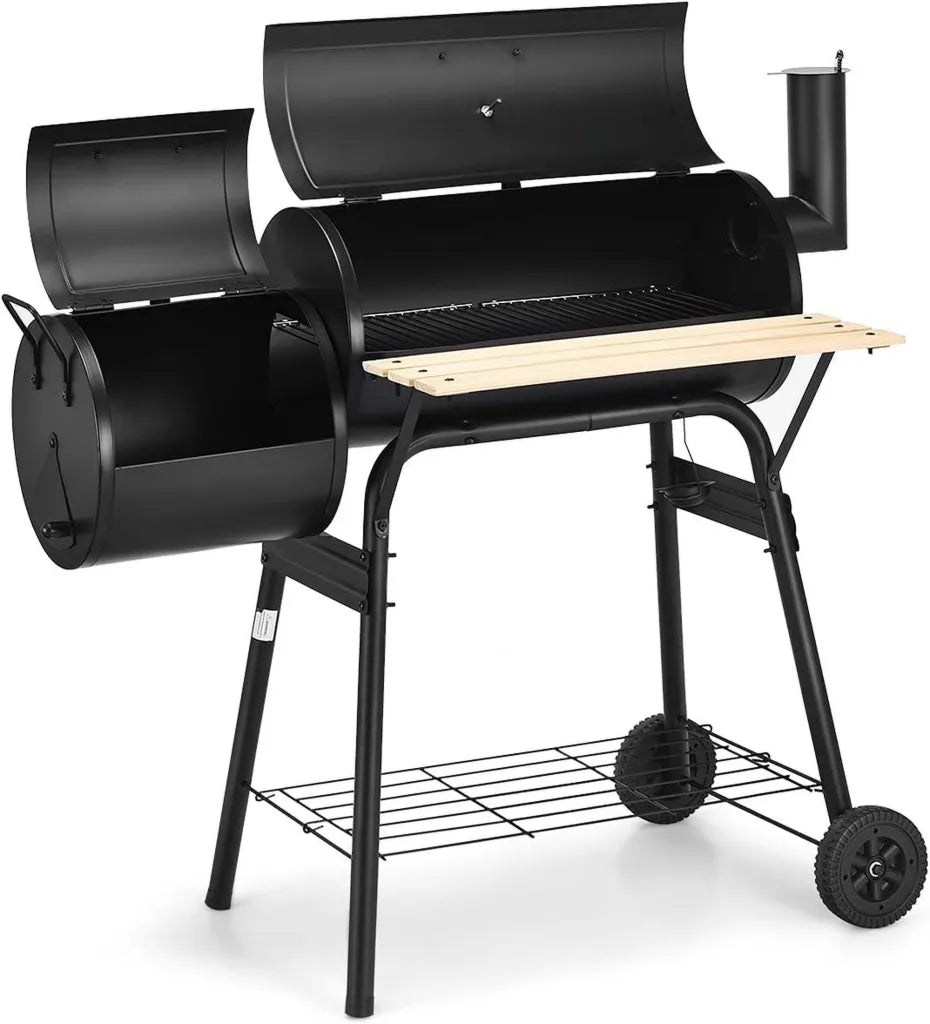 Barbecue Charbon de Bois 2 en 1 avec Fumoir et Rangement, Chariot avec Roues, 116x61x105,5 cm, Noir